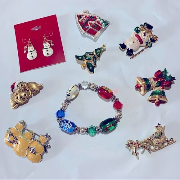 Enamel Christmas Brooches & Earrings Also Murano Glass Bracelet Bundle of 9 - Picture 1 of 11